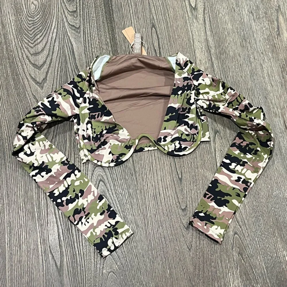 NWT Skims Recycled Swim Long Sleeve Underwire Top Deep Plunge Neck Camo XXS